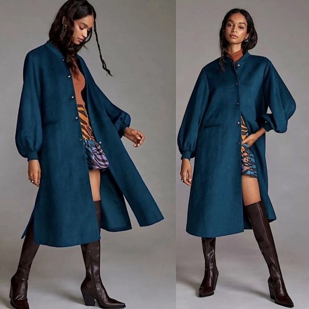 NEW dRA Anthropologie Puff Sleeve Midi Coat Womens XS Turquoise Wool Blend